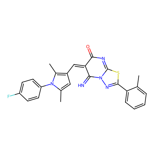 (6E)-6-[[1-(4-fluorophenyl)-2,5-dimethylpyrrol-3-yl]methylidene]-5-imino-2-(2-methylphenyl)-[1,3,4]thiadiazolo[3,2-a]pyrimidin-7-one structure