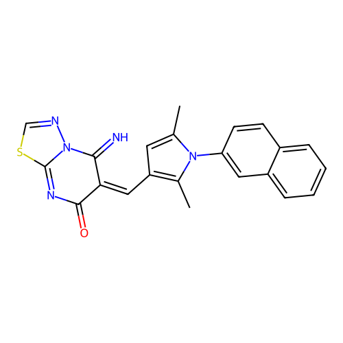 (E)-6-((2,5-dimethyl-1-(naphthalen-2-yl)-1H-pyrrol-3-yl)methylene)-5-imino-5H-[1,3,4]thiadiazolo[3,2-a]pyrimidin-7(6H)-one structure