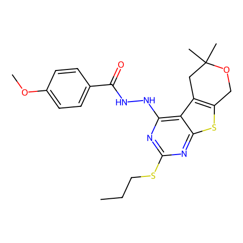 N'-(6,6-dimethyl-2-(propylthio)-6,8-dihydro-5H-pyrano[4',3':4,5]thieno[2,3-d]pyrimidin-4-yl)-4-methoxybenzohydrazide structure