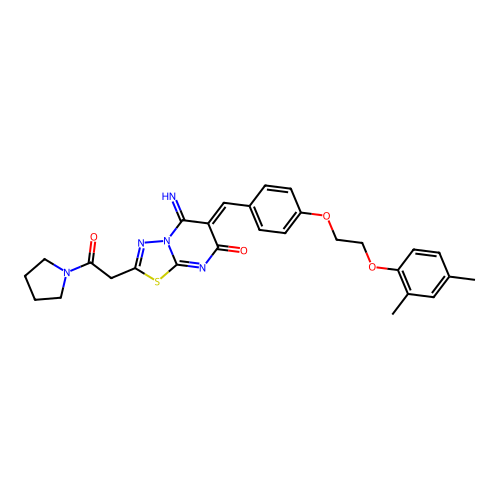 (6Z)-6-[[4-[2-(2,4-dimethylphenoxy)ethoxy]phenyl]methylidene]-5-imino-2-(2-oxo-2-pyrrolidin-1-ylethyl)-[1,3,4]thiadiazolo[3,2-a]pyrimidin-7-one structure