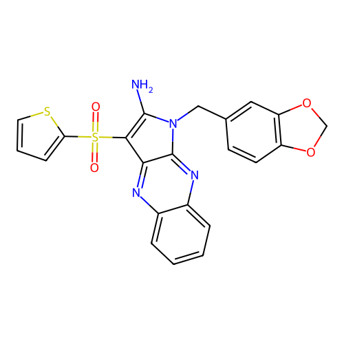 1-(1,3-benzodioxol-5-ylmethyl)-3-thiophen-2-ylsulfonylpyrrolo[3,2-b]quinoxalin-2-amine structure