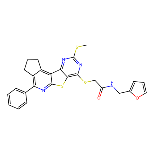 N-(furan-2-ylmethyl)-2-((9-(methylthio)-4-phenyl-2,3-dihydro-1H-cyclopenta[4',5']pyrido[3',2':4,5]thieno[3,2-d]pyrimidin-7-yl)thio)acetamide structure