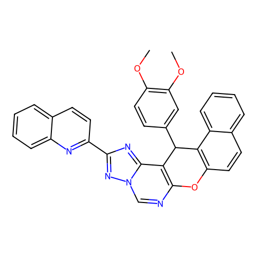 14-(3,4-dimethoxyphenyl)-2-(quinolin-2-yl)-14H-benzo[5,6]chromeno[3,2-e][1,2,4]triazolo[1,5-c]pyrimidine structure