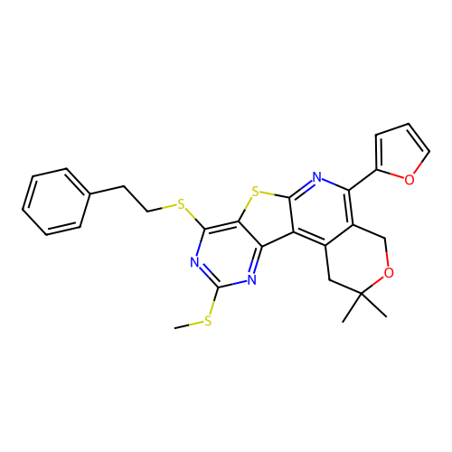 5-(furan-2-yl)-2,2-dimethyl-10-(methylsulfanyl)-8-[(2-phenylethyl)sulfanyl]-1,4-dihydro-2H-pyrano[4'',3'':4',5']pyrido[3',2':4,5]thieno[3,2-d]pyrimidine structure