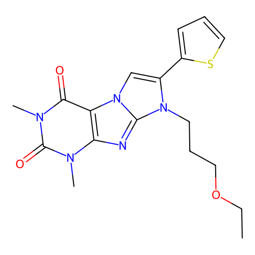 8-(3-ethoxypropyl)-1,3-dimethyl-7-(thiophen-2-yl)-1H-imidazo[2,1-f]purine-2,4(3H,8H)-dione structure