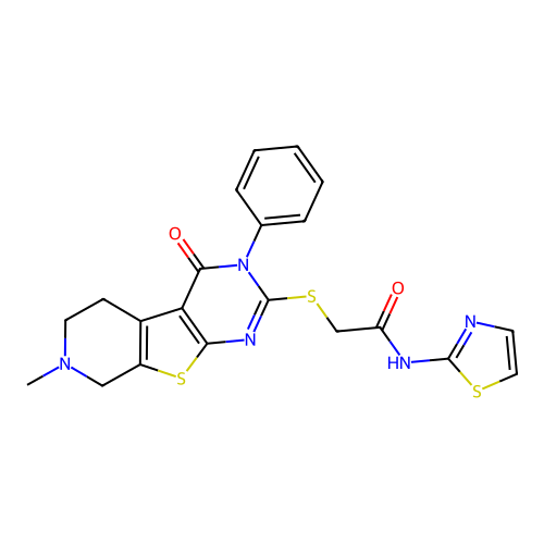 2-((7-methyl-4-oxo-3-phenyl-3,4,5,6,7,8-hexahydropyrido[4',3':4,5]thieno[2,3-d]pyrimidin-2-yl)thio)-N-(thiazol-2-yl)acetamide structure