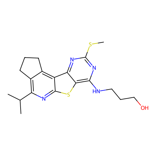 3-((4-isopropyl-9-(methylthio)-2,3-dihydro-1H-cyclopenta[4',5']pyrido[3',2':4,5]thieno[3,2-d]pyrimidin-7-yl)amino)propan-1-ol structure