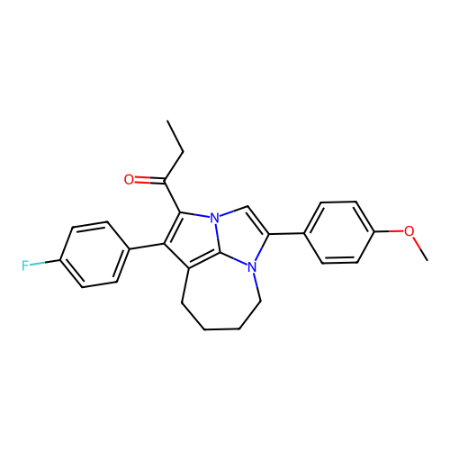 1-(1-(4-fluorophenyl)-4-(4-methoxyphenyl)-5,6,7,8-tetrahydro-2a,4a-diazacyclopenta[cd]azulen-2-yl)propan-1-one structure