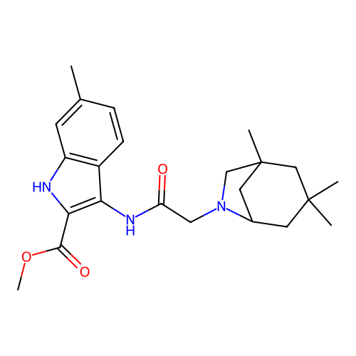 methyl 6-methyl-3-(2-(1,3,3-trimethyl-6-azabicyclo[3.2.1]octan-6-yl)acetamido)-1H-indole-2-carboxylate structure