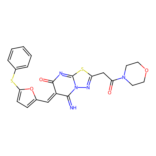 (6Z)-5-imino-2-(2-morpholin-4-yl-2-oxoethyl)-6-[(5-phenylsulfanylfuran-2-yl)methylidene]-[1,3,4]thiadiazolo[3,2-a]pyrimidin-7-one structure