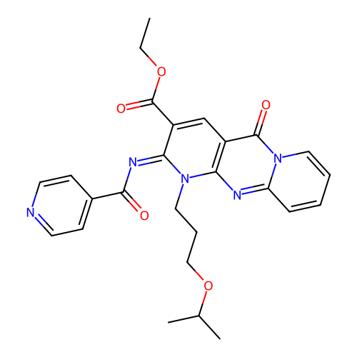 (Z)-ethyl 2-(isonicotinoylimino)-1-(3-isopropoxypropyl)-5-oxo-2,5-dihydro-1H-dipyrido[1,2-a:2',3'-d]pyrimidine-3-carboxylate structure