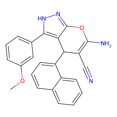 6-amino-3-(3-methoxyphenyl)-4-(naphthalen-1-yl)-1,4-dihydropyrano[2,3-c]pyrazole-5-carbonitrile structure