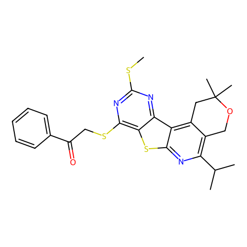 2-((5-isopropyl-2,2-dimethyl-10-(methylthio)-2,4-dihydro-1H-pyrano[4'',3'':4',5']pyrido[3',2':4,5]thieno[3,2-d]pyrimidin-8-yl)thio)-1-phenylethanone structure