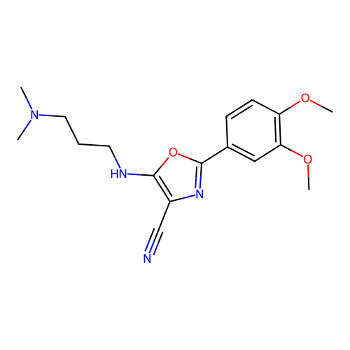 2-(3,4-dimethoxyphenyl)-5-{[3-(dimethylamino)propyl]amino}-1,3-oxazole-4-carbonitrile structure