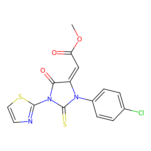 (E)-methyl 2-(3-(4-chlorophenyl)-5-oxo-1-(thiazol-2-yl)-2-thioxoimidazolidin-4-ylidene)acetate structure