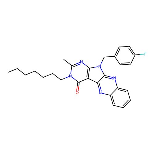 11-(4-fluorobenzyl)-3-heptyl-2-methyl-3,11-dihydro-4H-pyrimido[5',4':4,5]pyrrolo[2,3-b]quinoxalin-4-one structure