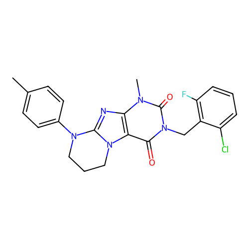 3-(2-chloro-6-fluorobenzyl)-1-methyl-9-(4-methylphenyl)-6,7,8,9-tetrahydropyrimido[2,1-f]purine-2,4(1H,3H)-dione structure