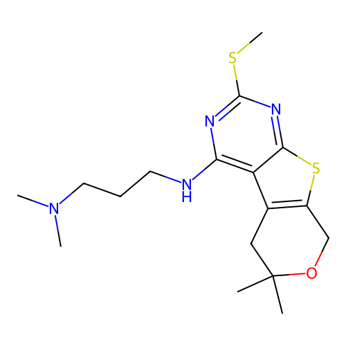 N'-[6,6-dimethyl-2-(methylsulfanyl)-5,8-dihydro-6H-pyrano[4',3':4,5]thieno[2,3-d]pyrimidin-4-yl]-N,N-dimethylpropane-1,3-diamine structure