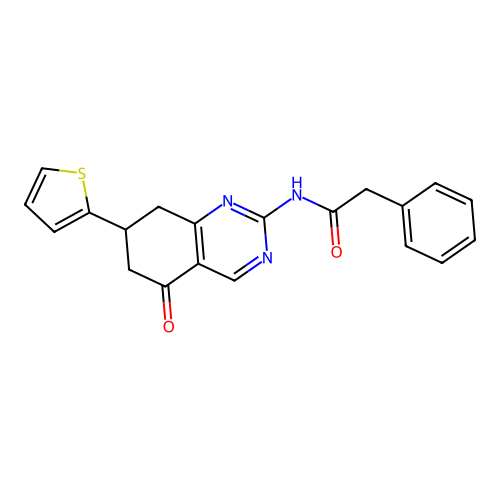 N-[5-oxo-7-(thiophen-2-yl)-5,6,7,8-tetrahydroquinazolin-2-yl]-2-phenylacetamide structure