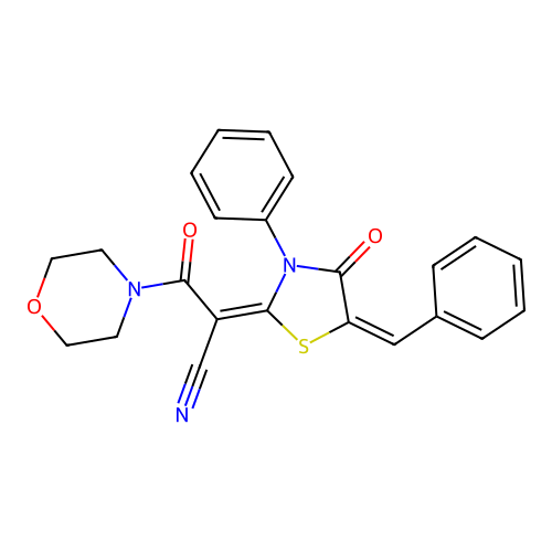(E)-2-((E)-5-benzylidene-4-oxo-3-phenylthiazolidin-2-ylidene)-3-morpholino-3-oxopropanenitrile structure