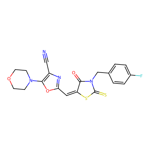 (E)-2-((3-(4-fluorobenzyl)-4-oxo-2-thioxothiazolidin-5-ylidene)methyl)-5-morpholinooxazole-4-carbonitrile structure