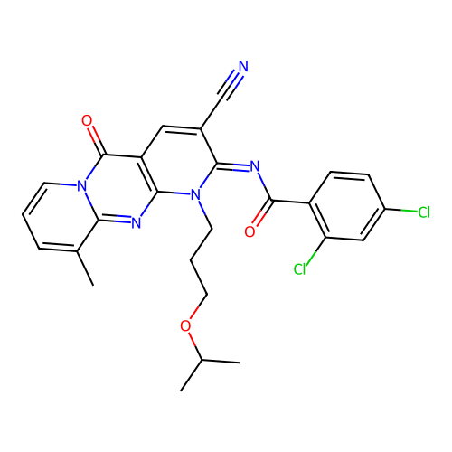 (Z)-2,4-dichloro-N-(3-cyano-1-(3-isopropoxypropyl)-10-methyl-5-oxo-1H-dipyrido[1,2-a:2',3'-d]pyrimidin-2(5H)-ylidene)benzamide structure
