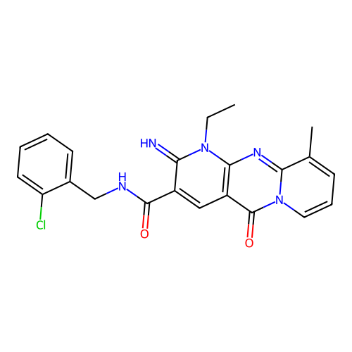 N-(2-chlorobenzyl)-1-ethyl-2-imino-10-methyl-5-oxo-1,5-dihydro-2H-dipyrido[1,2-a:2',3'-d]pyrimidine-3-carboxamide structure