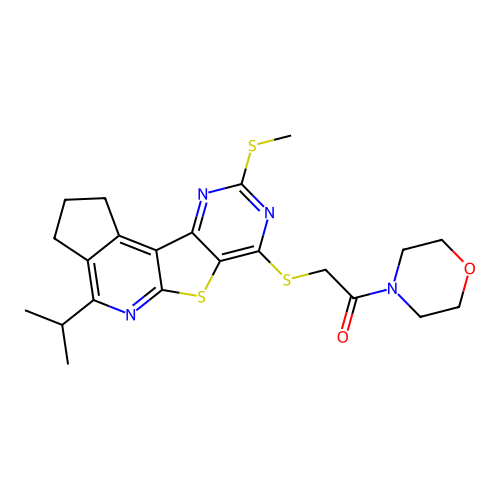 2-((4-isopropyl-9-(methylthio)-2,3-dihydro-1H-cyclopenta[4',5']pyrido[3',2':4,5]thieno[3,2-d]pyrimidin-7-yl)thio)-1-morpholinoethanone structure