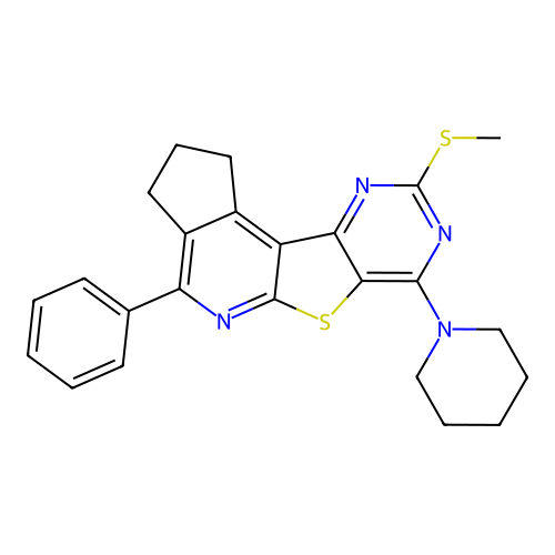 9-(methylsulfanyl)-4-phenyl-7-(piperidin-1-yl)-2,3-dihydro-1H-cyclopenta[4',5']pyrido[3',2':4,5]thieno[3,2-d]pyrimidine structure