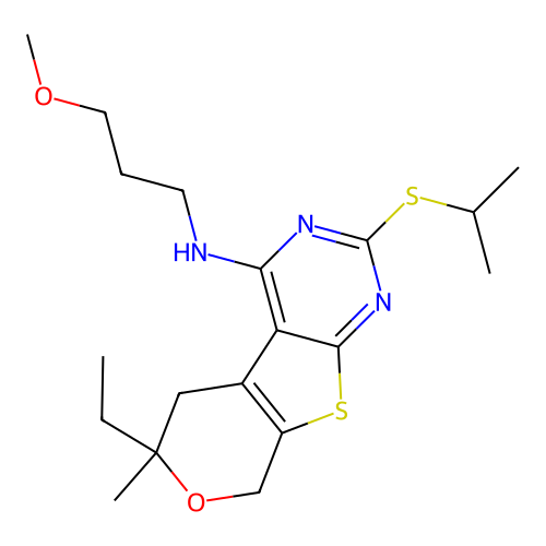 6-ethyl-2-(isopropylthio)-N-(3-methoxypropyl)-6-methyl-6,8-dihydro-5H-pyrano[4',3':4,5]thieno[2,3-d]pyrimidin-4-amine structure