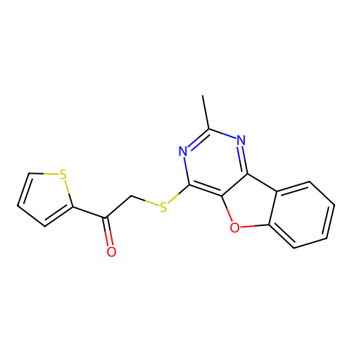 2-[(2-Methyl-[1]benzofuro[3,2-d]pyrimidin-4-yl)sulfanyl]-1-thiophen-2-ylethanone structure