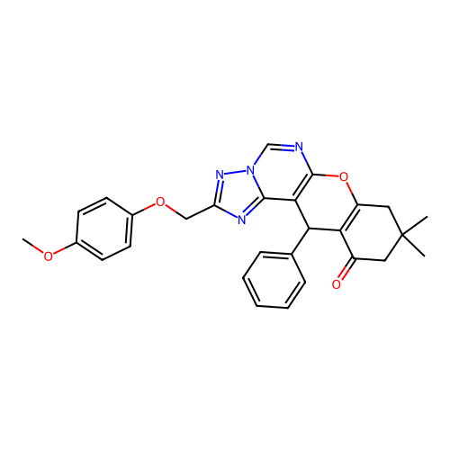 2-[(4-methoxyphenoxy)methyl]-9,9-dimethyl-12-phenyl-8,9,10,12-tetrahydro-11H-chromeno[3,2-e][1,2,4]triazolo[1,5-c]pyrimidin-11-one structure