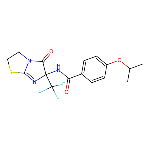 4-isopropoxy-N-(5-oxo-6-(trifluoromethyl)-2,3,5,6-tetrahydroimidazo[2,1-b]thiazol-6-yl)benzamide structure