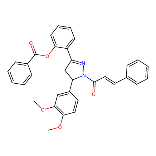 (E)-2-(1-cinnamoyl-5-(3,4-dimethoxyphenyl)-4,5-dihydro-1H-pyrazol-3-yl)phenyl benzoate structure