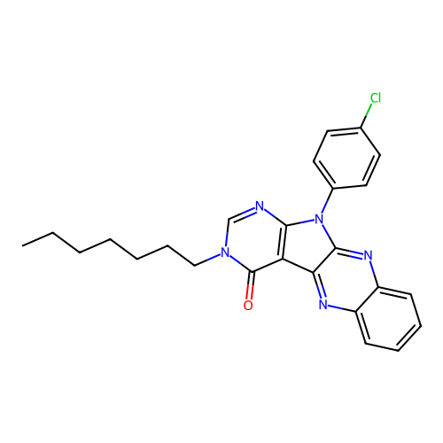 11-(4-chlorophenyl)-3-heptyl-3H-pyrimido[5',4':4,5]pyrrolo[2,3-b]quinoxalin-4(11H)-one structure