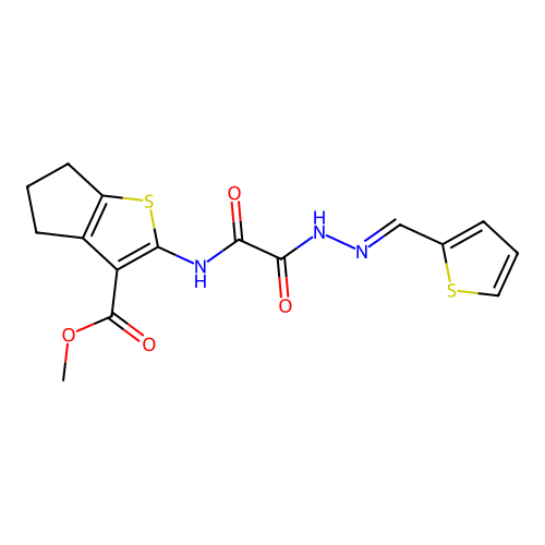 (E)-methyl 2-(2-oxo-2-(2-(thiophen-2-ylmethylene)hydrazinyl)acetamido)-5,6-dihydro-4H-cyclopenta[b]thiophene-3-carboxylate structure