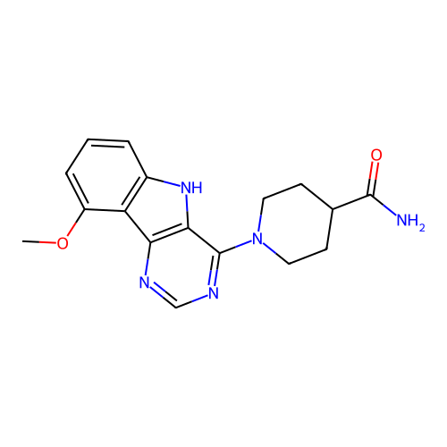 1-(9-methoxy-5H-pyrimido[5,4-b]indol-4-yl)piperidine-4-carboxamide structure