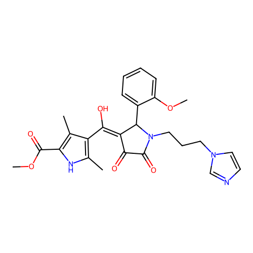 methyl 4-(1-(3-(1H-imidazol-1-yl)propyl)-4-hydroxy-2-(2-methoxyphenyl)-5-oxo-2,5-dihydro-1H-pyrrole-3-carbonyl)-3,5-dimethyl-1H-pyrrole-2-carboxylate structure