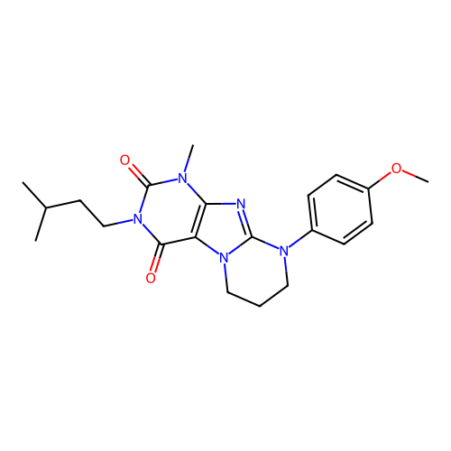 3-isopentyl-9-(4-methoxyphenyl)-1-methyl-6,7,8,9-tetrahydropyrimido[2,1-f]purine-2,4(1H,3H)-dione structure