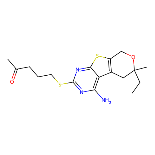 5-((4-amino-6-ethyl-6-methyl-6,8-dihydro-5H-pyrano[4',3':4,5]thieno[2,3-d]pyrimidin-2-yl)thio)pentan-2-one structure