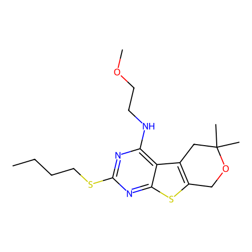 2-(butylsulfanyl)-N-(2-methoxyethyl)-6,6-dimethyl-5,8-dihydro-6H-pyrano[4',3':4,5]thieno[2,3-d]pyrimidin-4-amine structure
