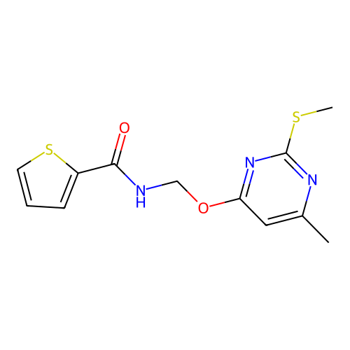 N-(((6-methyl-2-(methylthio)pyrimidin-4-yl)oxy)methyl)thiophene-2-carboxamide structure