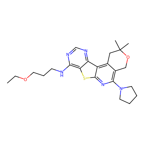 N-(3-ethoxypropyl)-2,2-dimethyl-5-(pyrrolidin-1-yl)-1,4-dihydro-2H-pyrano[4'',3'':4',5']pyrido[3',2':4,5]thieno[3,2-d]pyrimidin-8-amine structure