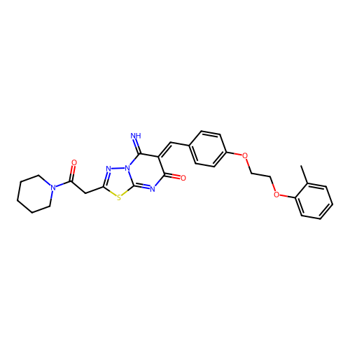 (6Z)-5-imino-6-[[4-[2-(2-methylphenoxy)ethoxy]phenyl]methylidene]-2-(2-oxo-2-piperidin-1-ylethyl)-[1,3,4]thiadiazolo[3,2-a]pyrimidin-7-one structure