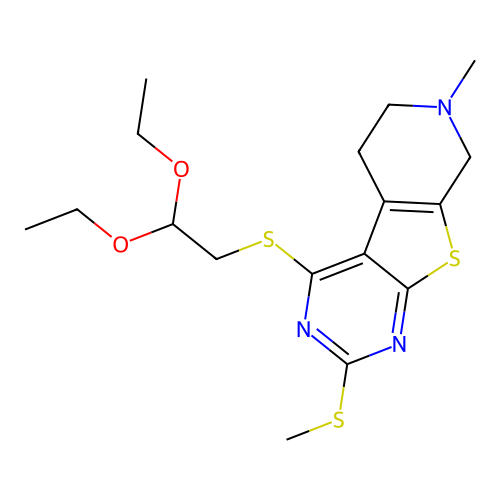 4-((2,2-diethoxyethyl)thio)-7-methyl-2-(methylthio)-5,6,7,8-tetrahydropyrido[4',3':4,5]thieno[2,3-d]pyrimidine structure