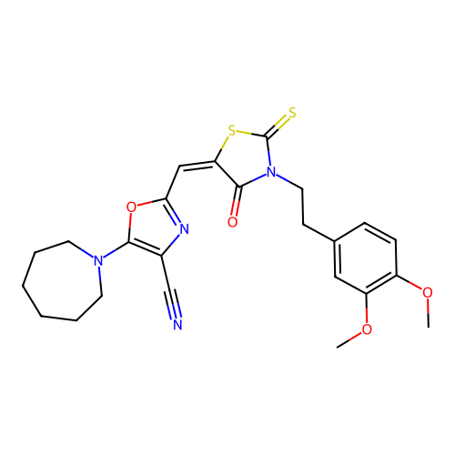 (E)-5-(azepan-1-yl)-2-((3-(3,4-dimethoxyphenethyl)-4-oxo-2-thioxothiazolidin-5-ylidene)methyl)oxazole-4-carbonitrile structure