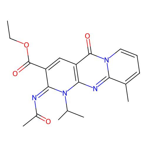 (Z)-ethyl 2-(acetylimino)-1-isopropyl-10-methyl-5-oxo-2,5-dihydro-1H-dipyrido[1,2-a:2',3'-d]pyrimidine-3-carboxylate structure