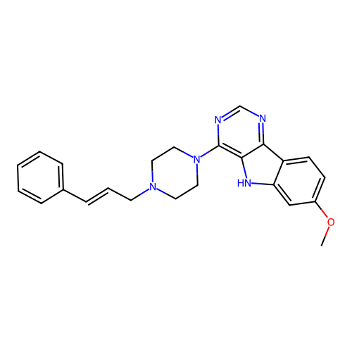 (E)-4-(4-cinnamylpiperazin-1-yl)-7-methoxy-5H-pyrimido[5,4-b]indole structure
