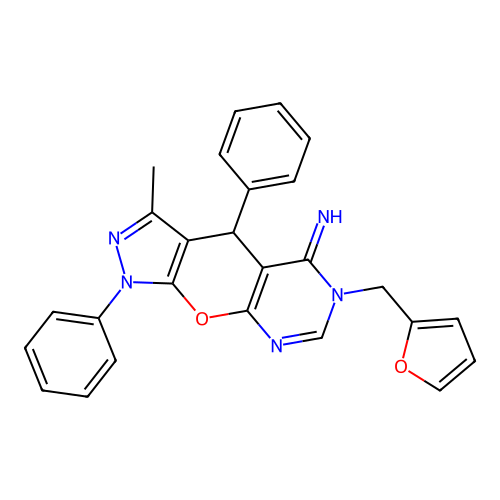 6-(furan-2-ylmethyl)-3-methyl-1,4-diphenyl-4,6-dihydropyrazolo[4',3':5,6]pyrano[2,3-d]pyrimidin-5(1H)-imine structure