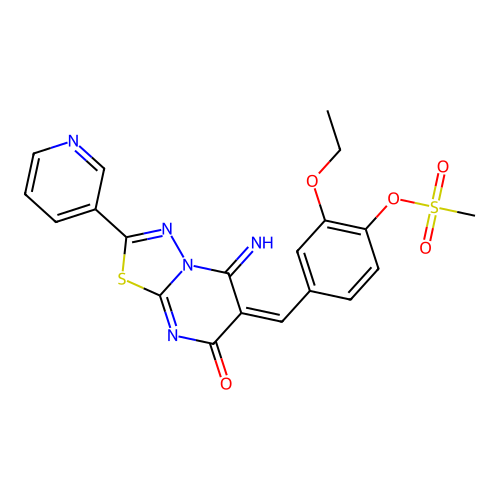 (E)-2-ethoxy-4-((5-imino-7-oxo-2-(pyridin-3-yl)-5H-[1,3,4]thiadiazolo[3,2-a]pyrimidin-6(7H)-ylidene)methyl)phenyl methanesulfonate structure